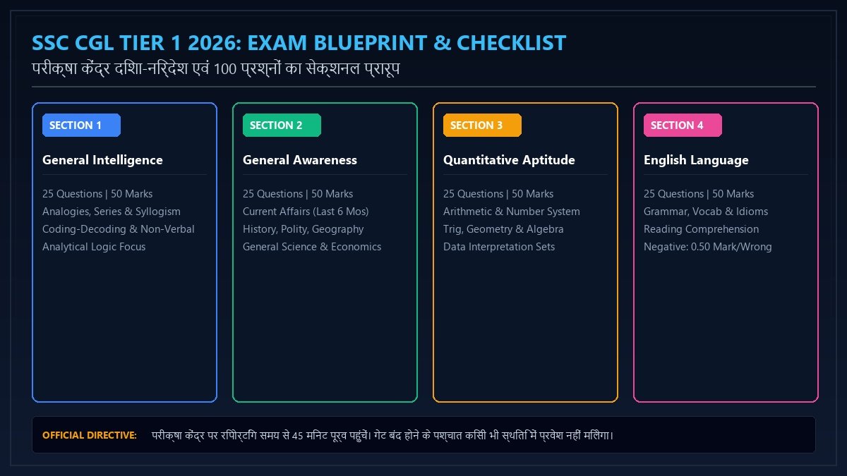 SSC CGL Tier 1 2026 Exam Blueprint 100 Questions Sectional Timing and Negative Marking